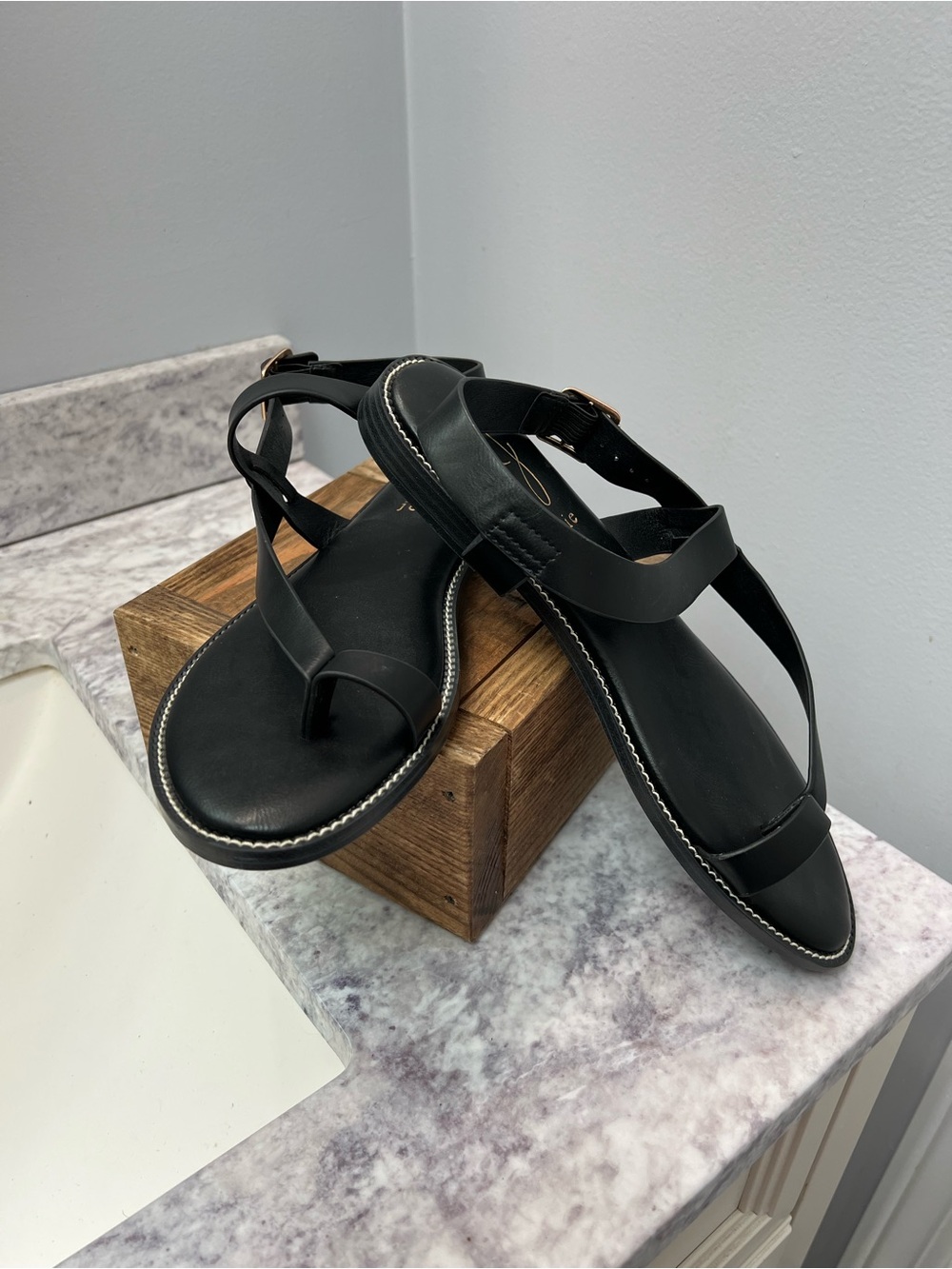 Black Strappy Leather Flat Sandals